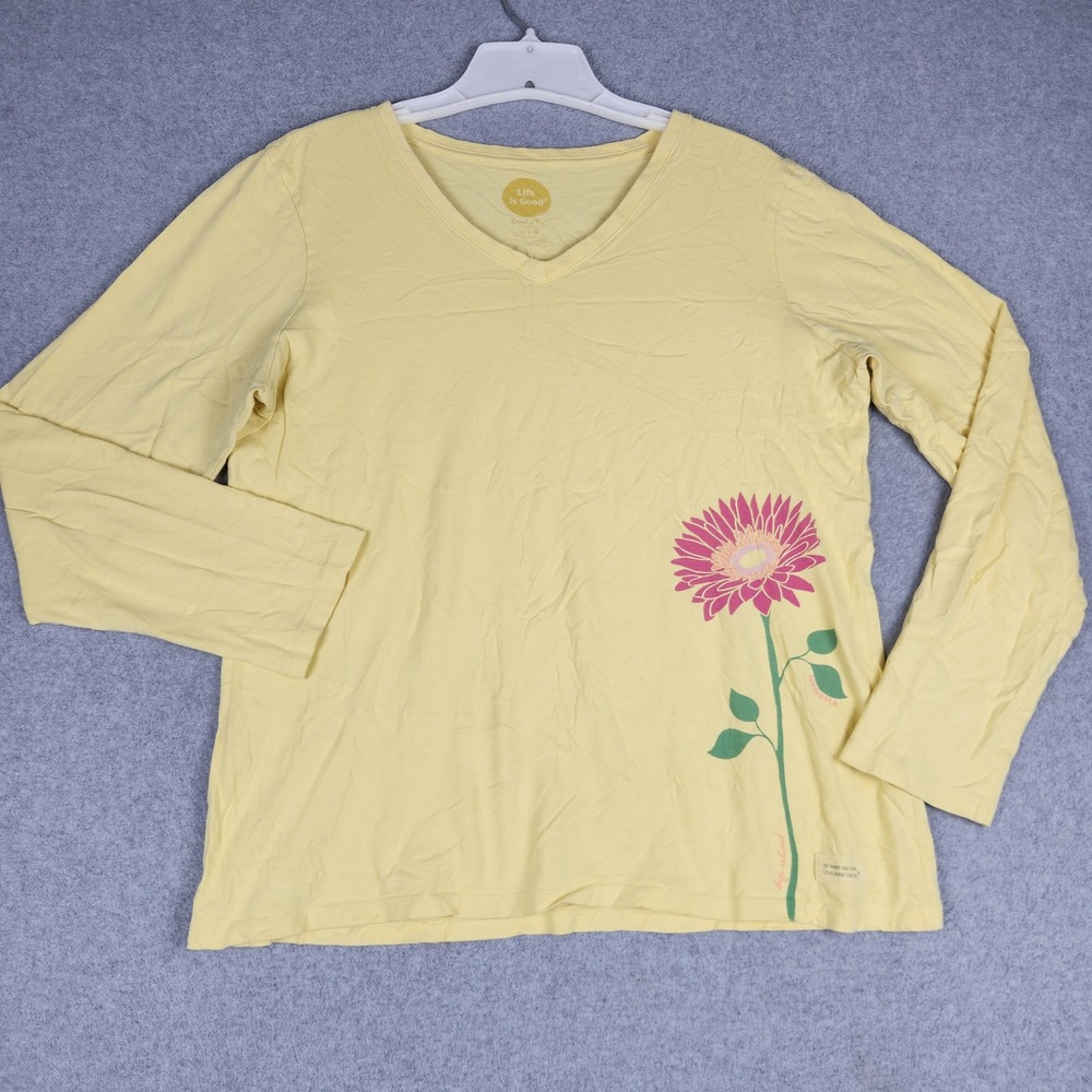 Life is Good Crusher Shirt Womens Large Yellow Cotton Graphic Flower V Neck